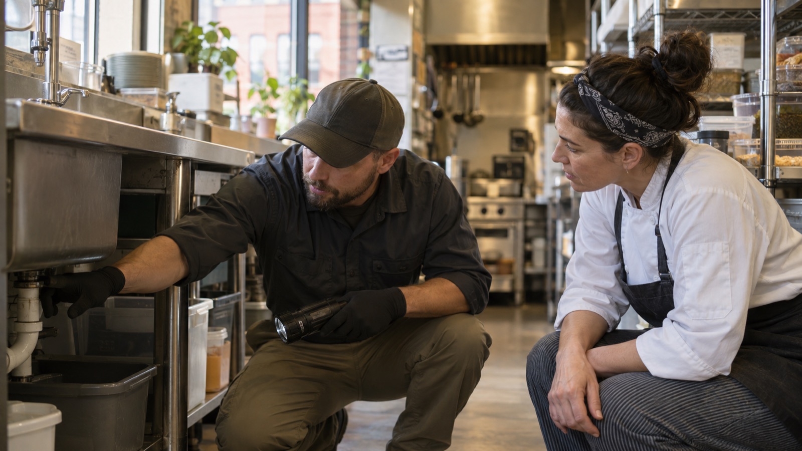 A pest-control technician and a restaurant chef calmly inspecting a kitchen area together